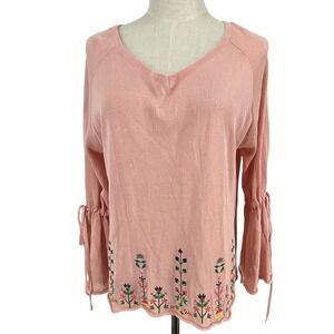Selfie Couture By Trendology Pink‎ Embroidered Bell Sleeve V Neck Sweater Top